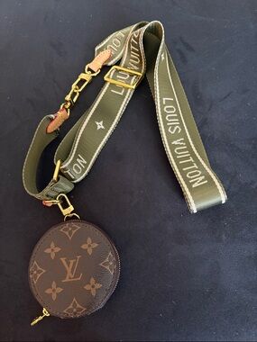 Louis Vuitton Brown Monogram Round Coin Pouch with Olive Green Strap